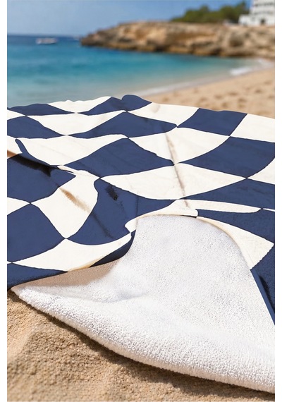 Damalı Dalgalı Modern Plaj Havlusu - Lacivert Ekru Minimalist Hızlı Kuruyan Mikrofiber Havlu Sedef Melisa