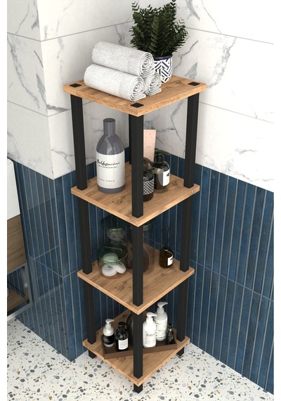 Viva 4 Katlı Çok Amaçlı Banyo Rafı Metal Ayaklı Organizer- Meşe Kahverengi
