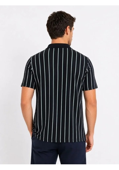 Veraura Lifestyle Erkek Pike Kumaş Çizgili Polo Yaka Tişört Kısa Kol Yazlık T-shirt - Siyah