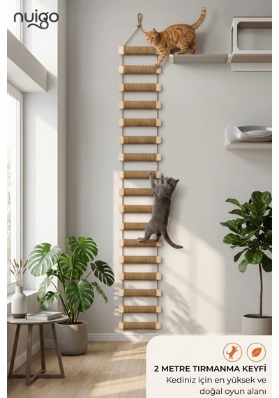 Ahşap Kedi Tırmanma Merdiveni Ve Duvar Köprüsü - Jüt İpli, 17 Basamak, 200 Cm