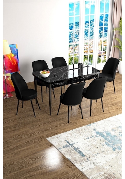Canisa Han Serisi 70x114 Açılabilir Mdf Mutfak Masası Takımı Siyah Mermer Desen Masa 6 Siyah Sandalye Beyaz Canisa Han Serisi 70x114 Açılabilir Mdf Mutfak Masası Takımı Siyah Mermer Desen Masa 6 Siyah Sandalye Beyaz