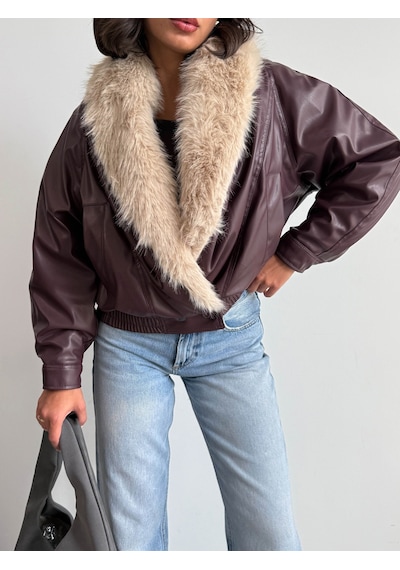 Verymoda Yakası Kürklü Kruvaze Deri Mont F2050 Bordo