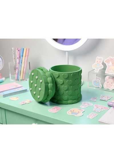 3d Baskı Kabartma Kalp Desenli Kapaklı Kalemlik - Masaüstü Organizer - Yeşil