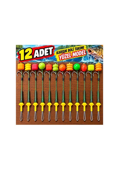 12 Adet Hazır Sazan Rig Boli Takımı Yüzen Model Büyük Sazan Iğneli Karışık Renkli Pratik Olta