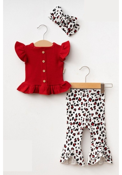 Cantoy Kız Bebek Leopar Desenli Kolları Volanlı Bandanalı 3'lü Takım Kırmızı