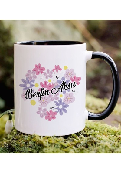 Bk Gift Kişiye Özel İsimli Çiçek Tasarımlı Siyah Kupa Bardak- 17, Arkadaşa Hediye, Sevgiliye Hediye, Doğum Günü Hediyesi Kobitmeyencom34687 Bk Gift