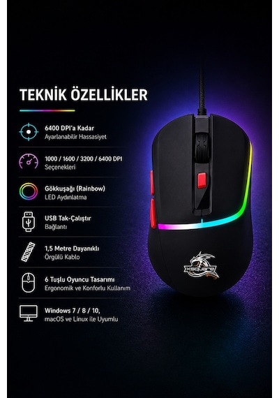 Dexim Dma027 M036p Kablolu Gökkuşağı Led Işıklı 6400 Dpı Gaming Mouse -