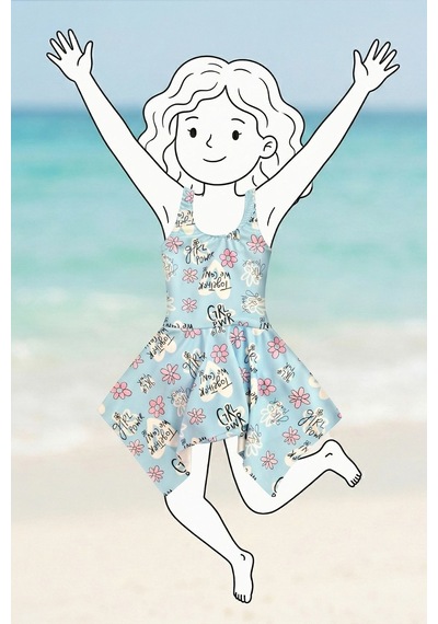 Zuzunga Girl Power Çiçek Desenli Kız Çocuk Mavi Mayo Elbise