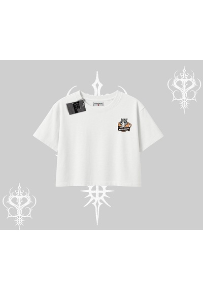 Startmore Startmore Need Coffee Right Meow Yazılı Kedi Baskılı Oversize Crop Tshirt Beyaz