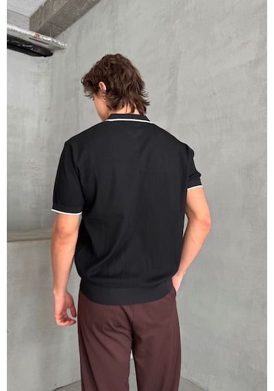 Erkek Oversize Selanik Polo Yaka Triko T-shirt Siyah