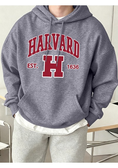 Startmore Startmoreharvard Est. 1636 Baskılı Spor Rahat Hoody Erkekler Sokak Polar Tişörtü Rahat Bol Giysiler Vi Gri