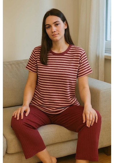 Tenra Kadın Pijama Takımı Kısa Kollu %100 Pamuk Bordo