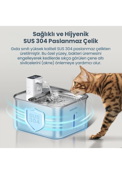 Haustier Wf08 Otomatik Kablosuz Kedi Su Pınarı, Sensörlü , Bataryalı , Ultra Sessiz, Çelik , 3lt Hazne