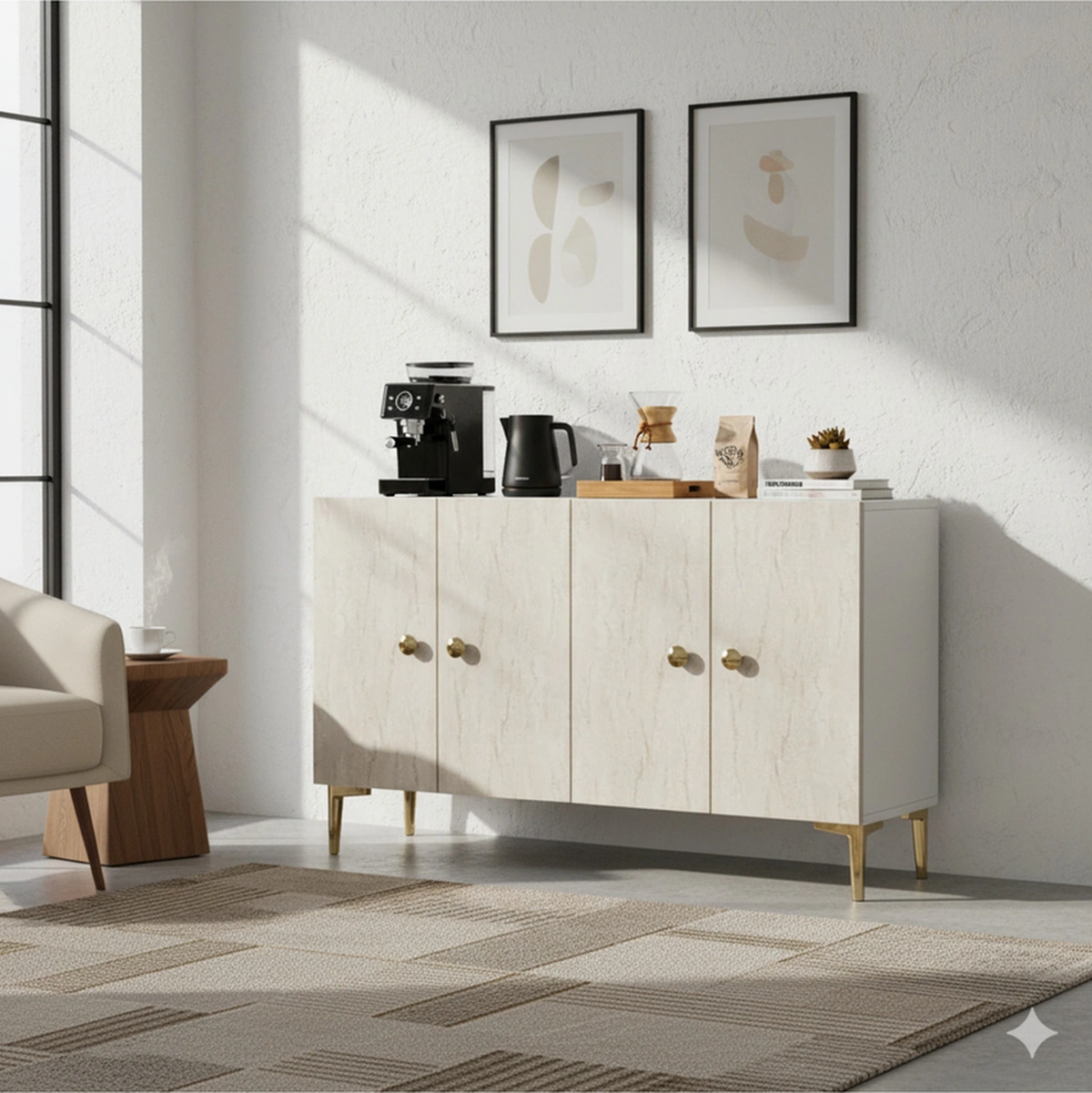 Ka1204btg Sımple120 Konsol, Kahve Köşesi Ve Tv Sehpası Beyaz-traverten-gold 120cm Beyaz