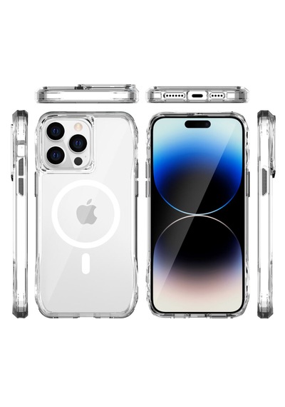 Bix iPhone Uyumlu 13 Pro / 14 Pro Octagon Hava Yastıklı Magsafe Kılıf Maksimum Korumalı Antrasit Kristal Şeffaf