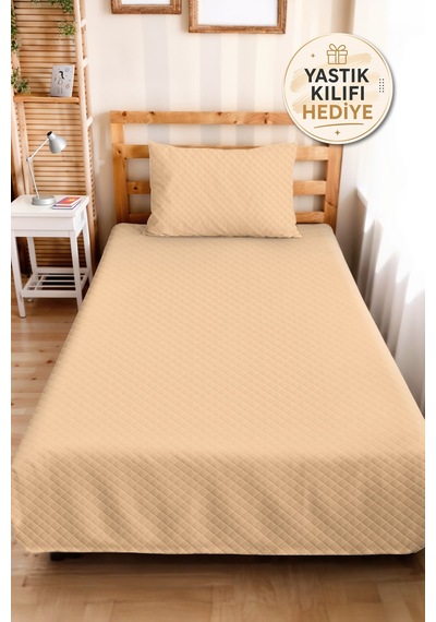 Bej Minimal Genç Odası Tek Kişilik Pike Takımı - Kapitone Modern Krem 160x220 Cm Yatak Örtüsü Pastel Misk Baharı