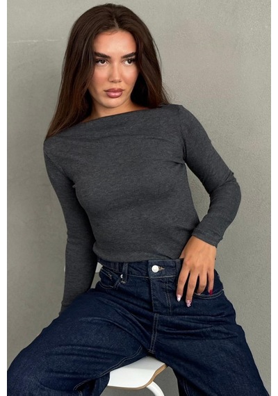 Madmext Antrasit Kayık Yaka Fitilli Slim Fit Kadın Bluz Mg2909
