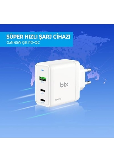 Bx3p65g 65w Gan Qualcom 4.0 2 Type-c & Usb-a 3 Portlu, Macbook Air, İpad Air, 17/16/15/14/14 Max /13/13 Max, Galaxy S24/s23/s22/s21 Uyumlu Bx-3p65g Şarj Cihazı Beyaz