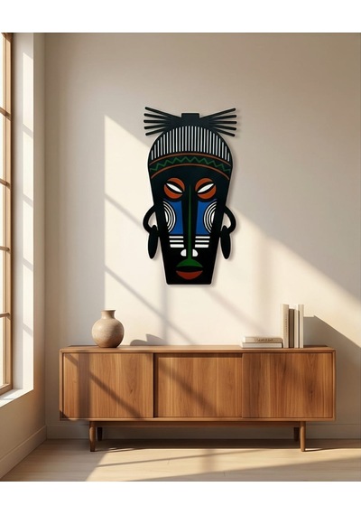 Afrika Tribal Ahşap Duvar Mask Mdf - Siyah Yeşil Mavi Klasik Kabile Maskı 1