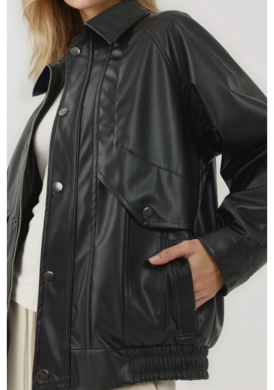 Hiccup Cep Detaylı Oversized Suni Deri Ceket Siyah
