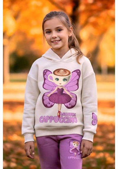 Koçak Kids 3 İplik Ballerina Cappucino Desenli Kız Çocuk Eşofman Takım Pembe