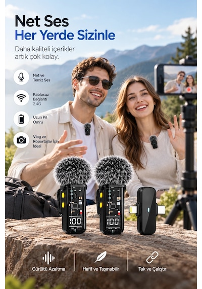 Zenvia 2.4g Kablosuz Çift Mikrofonlu Yaka Mikrofonu İçerik Üretim Seti Znv2026