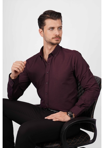 Koyu Bordo Yaka Düğmeli Premium Şamre Slimfit Erkek Gömlek Koyu Bordo