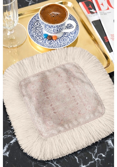 Saray Esintili Saçaklı Şık Servis Mendili - Vintage Doku Bohem Pudra Krem Kahve Altı Tepsi Peçetesi Çok Renkli