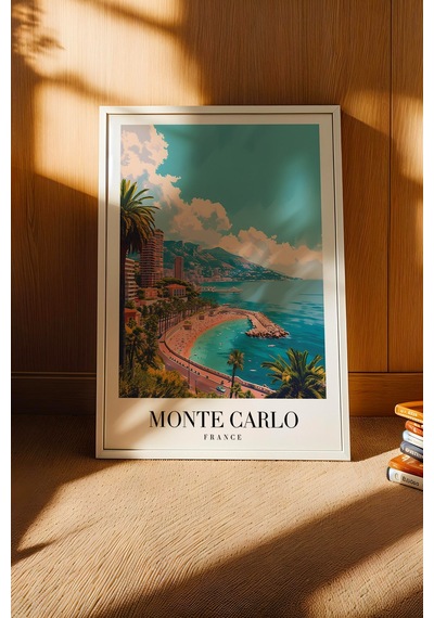 Monte Carlo France Vintage Seyahat Posteri Çerçeveli Tablo - Premium Akdeniz Elit Duvar Dekoru Beyaz