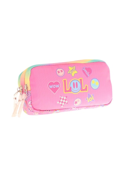 Kaukko Kids Pembe Çok Renkli, Lol Baskılı, Kız Çocuk Üç Gözlü Okul Kalem Çantası - L8237 Pembe - Çok Renkli