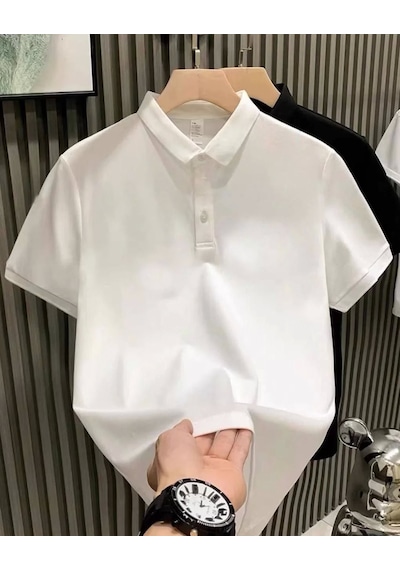 Yakası Düğmeli Yakalı Pike Düz T-shirt - Beyaz