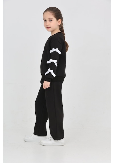 Erdem Kıds Kız Çocuk 3 İplik Şardonlu Kurdele Detaylı Basic Sweatshirt-bol Kesim Palazzo Eşofman Takım Siyah Siyah