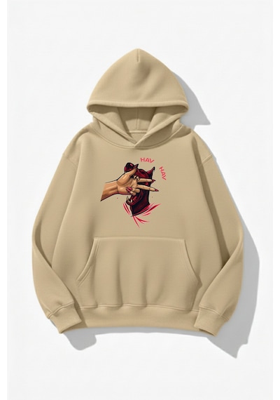 Uyguntarz Unisex Yumuşak Dokulu Hav Hav Baskılı Tasarım Oversize 3 İplik Hoodie Sweatshirt Bej