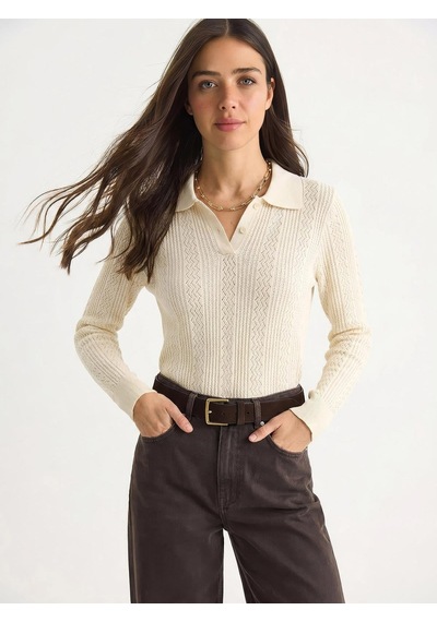 Shade Kadın Polo Yaka Patlı Regular Fit Triko Kazak 20258063 - Krem