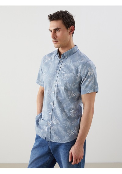 Lcwaıkıkı Classic Mavi Regular Fit Kısa Kollu Desenli Poplin Erkek Gömlek