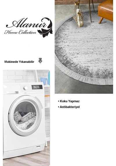 Dekoreko Kaymaz Taban Djt Salon Halısı Star Pamuk Saçaklı Yuvarlak Modern 1342 gri
