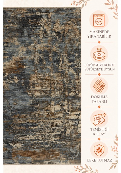 Vivanni Home Everlynn Polyester Vintage Halı Pamuk Atkı Tabanlı Modern Dokuma Ev Halısı Mavi