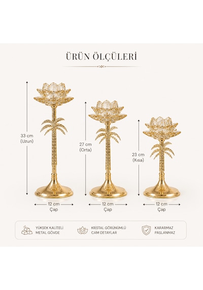 3 Lü Palmiye Tasarımlı Dekoratif Şamdan Mumluk Seti Gold Metal & Cam Detaylı 33 Cm 27 Cm 23 Cm Modern Lüks Ev Dekoru