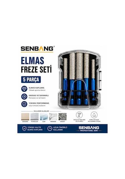 Senbang Elmas Freze Seti 5 Parça 6-8-10-12 Mm Elmas Kaplı Taşlama Uç Seti Cam Seramik Porselen Mermer Granit İçin