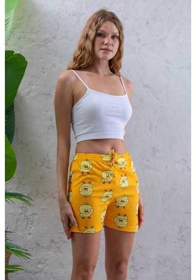 Giysa Kadın Beli Lastikli Desenli Şort Pijama Altı Sarı - 2027 Sarı