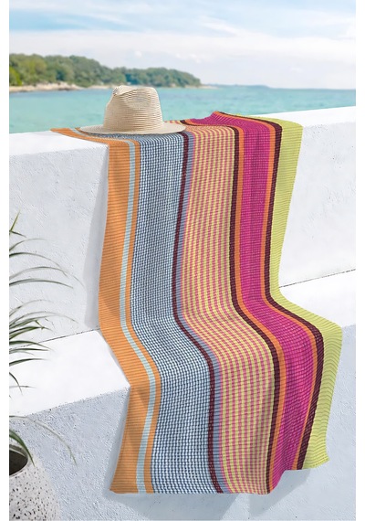 Çizgili Renkli Modern Plaj Havlusu - Tropikal Bohem Çok Renkli Hızlı Kuruyan Mikrofiber Havlu Bulut Bahçe