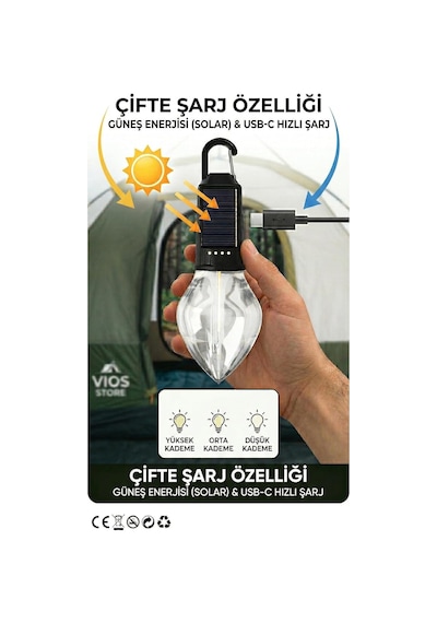 Solar Ve Type-c Şarjlı Kamp Lambası 3 Kademeli Işık, Şarj Göstergeli, Asılabilir Suya Dayanık