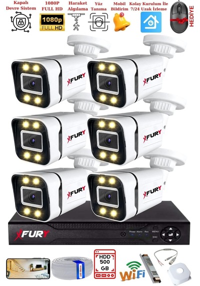 Fury 6 Kameralı 1080p Görüntü Gece Renkli Full Hd 4 X Ultra Led Gece Renkli Güvenlik Kamerası Seti 500gb
