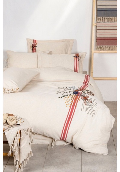 Ecocotton Charla Çift Kişilik Nevresim Takımı %100 Organik Pamuk Kenevir Karışımlı Ekru-kırmızı 200x220 Cm-1206