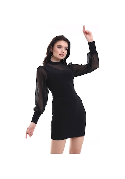 Tua Moda Kadın Balıkçı Yaka Transparan Detay Fırsat Ürün Sandy Kumaş Mini Elbise Siyah
