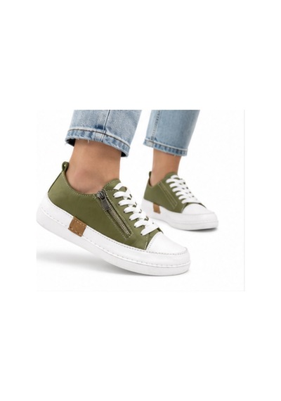 N Napa Shoe Np.8260f.avakado Deri Napa Shoe Hakiki Deri Kadın Sneaker Haki / Beyaz Yan Fermuarlı Comfort Günlük Ayakkabı