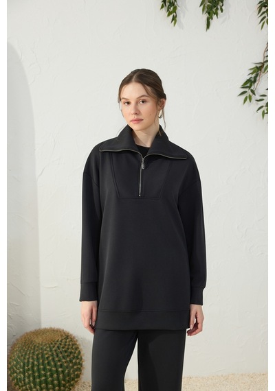 Aker Siyah Yakası Ve Yan Yırtmaçları Fermuarlı Modal Sweatshirt Siyah Siyah