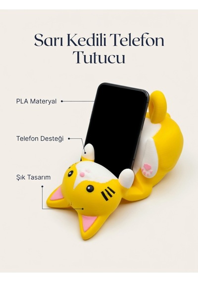 Sarı Kedi Figürlü Telefon Tutucu Stand - 3d Baskı Ofis Masaüstü Aksesuarı Ve Biblo