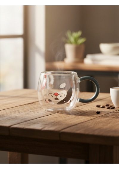 Çift Çidarlı Hayvanlı Cam Kupa 280 Ml Gri