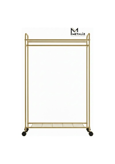 Yıldıznewhomegold Tekerli Modern Metal Elbise Askılığı - Katlı Raflı Portatif Giysi Standı, Gol